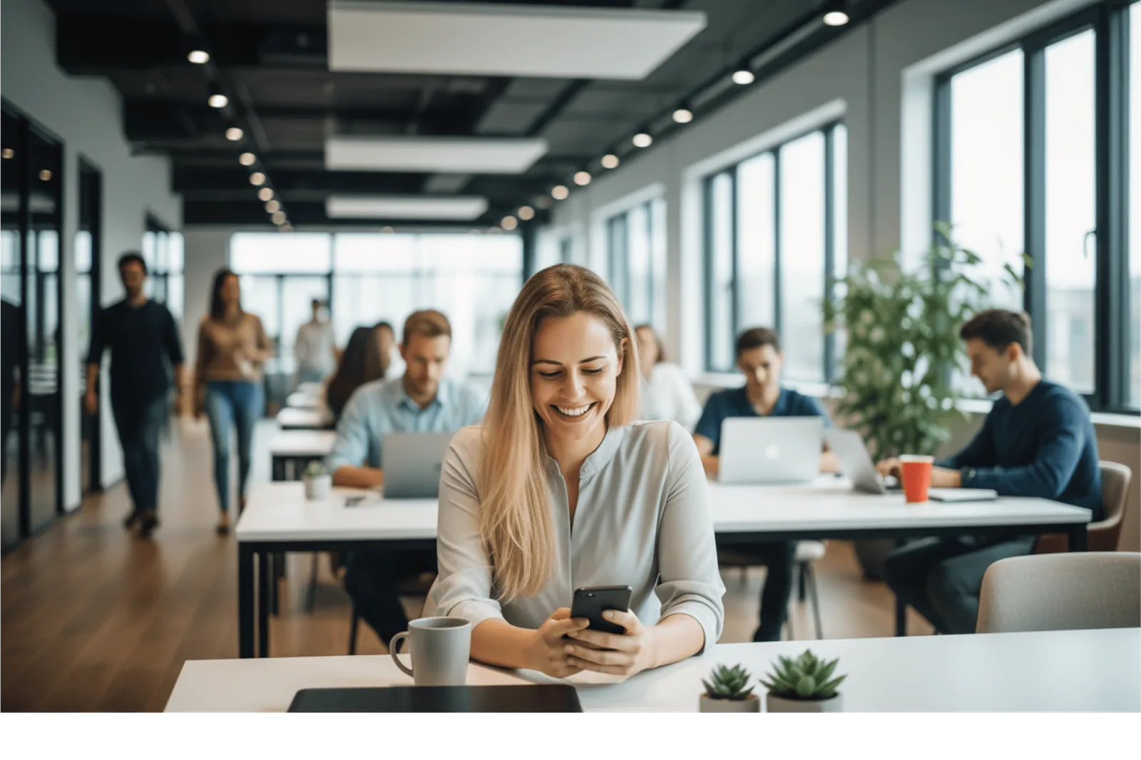 Colaboradora a sorrir enquanto usa o telem�vel num escrit�rio aberto: aprender no dia a dia com o MyDigitalBot