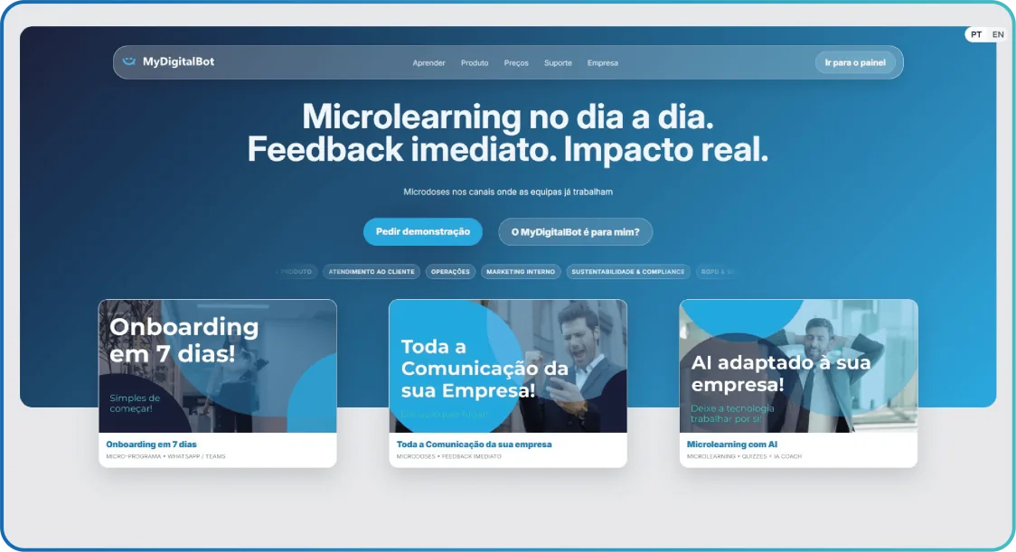 Ecr� do MyDigitalBot: microlearning no dia a dia, com feedback imediato