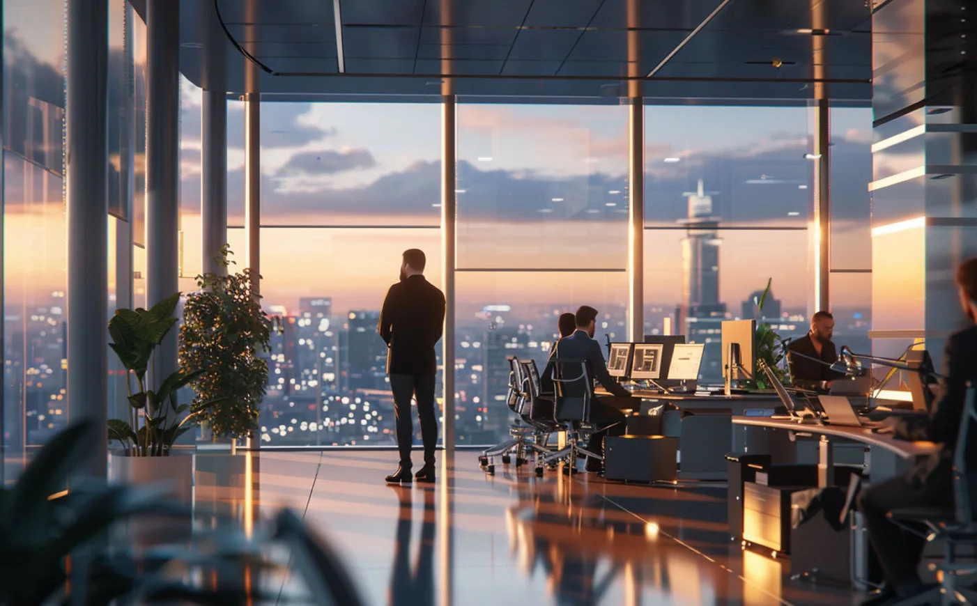 Escrit�rio moderno ao entardecer, com vista para a cidade: plataforma de forma��o TalentLMS para empresas