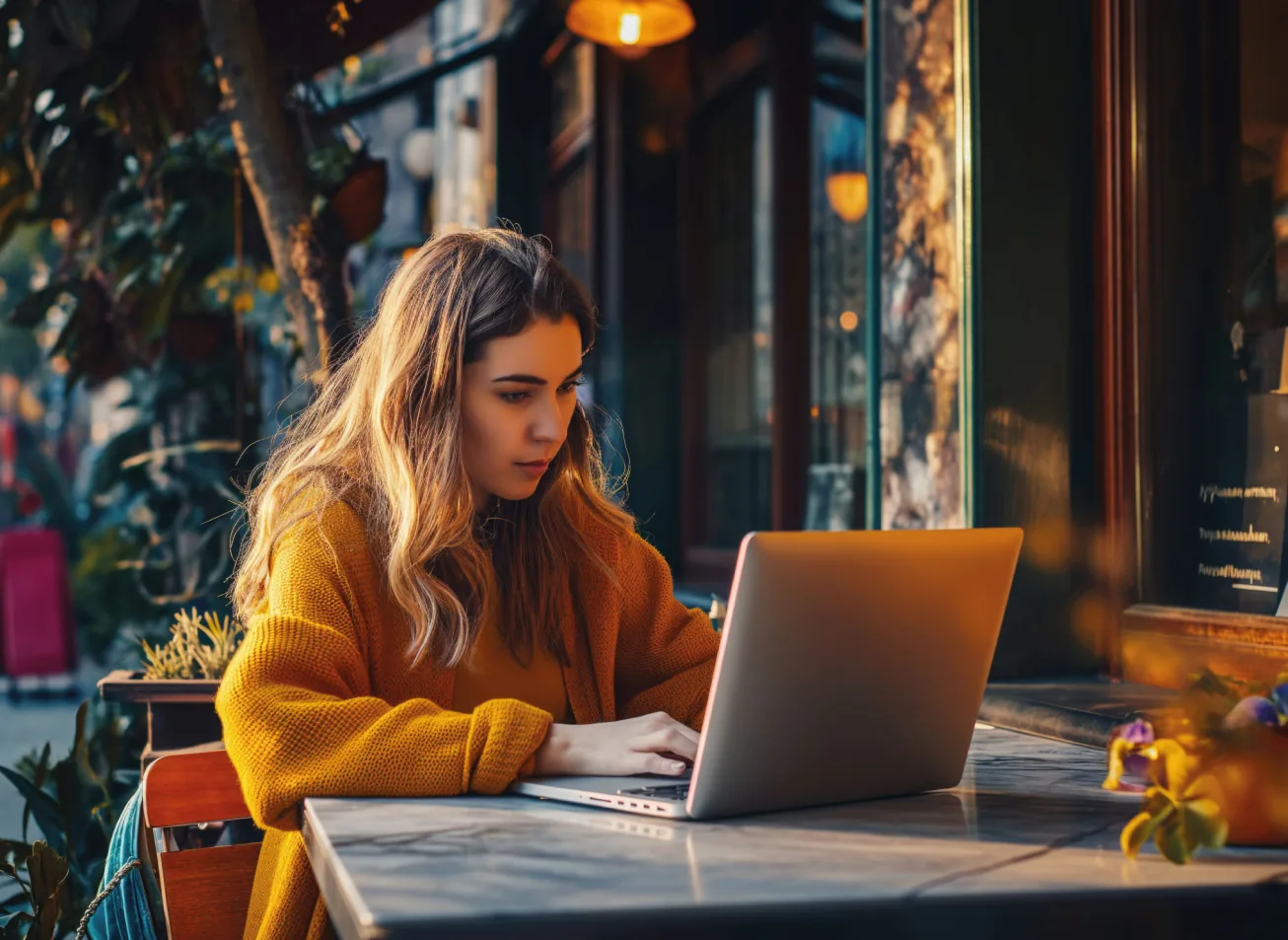 Mulher a trabalhar num port�til num caf�: forma��o online com a plataforma TalentLMS
